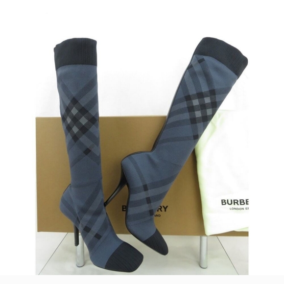 $1000 BURBERRY DOLMAN NAVY GRAY KNITTED CHECK KNEE HIGH HEEL SOCK BOOTS 38 - Picture 2 of 12